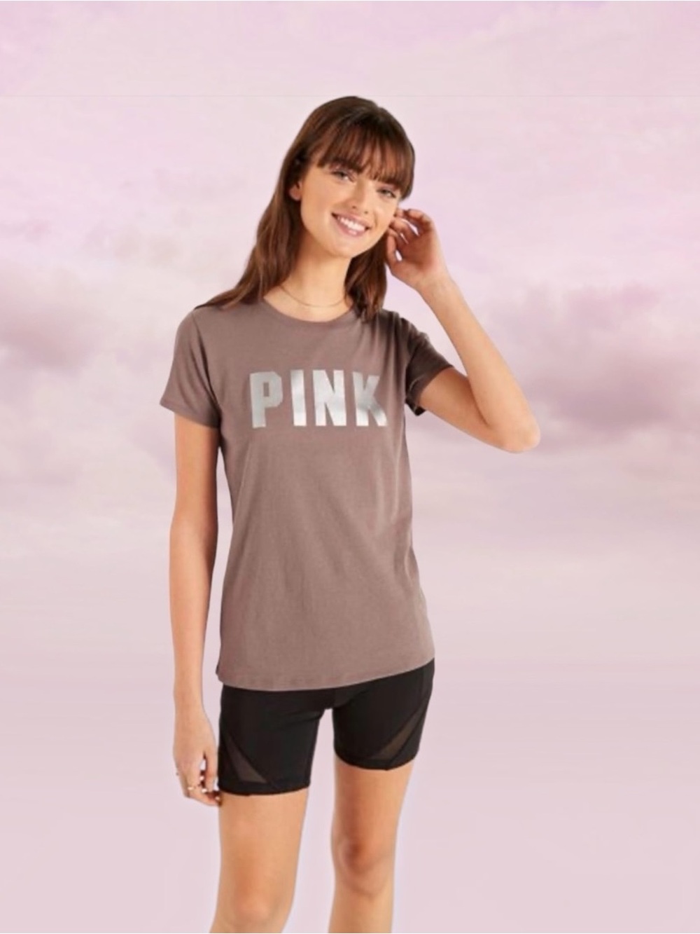 PINK BRAND - SHORT SLEEVE T-SHIRT, SIZE=ICED COFFE BROWN W/SILVER LOGO, SZ. MED